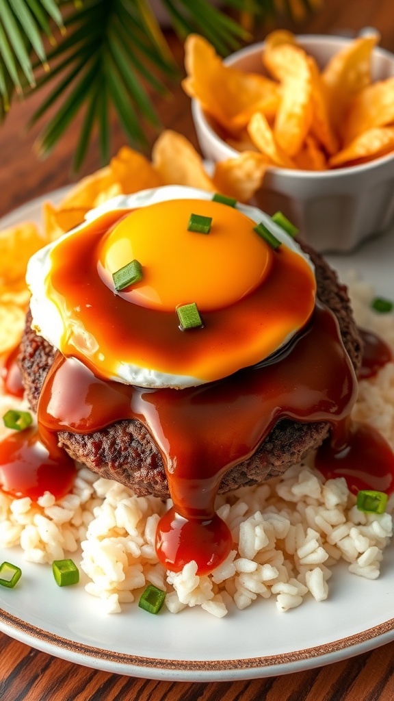 A plate of loco moco with hamburger patty, rice, fried egg, brown gravy, and crispy chips.